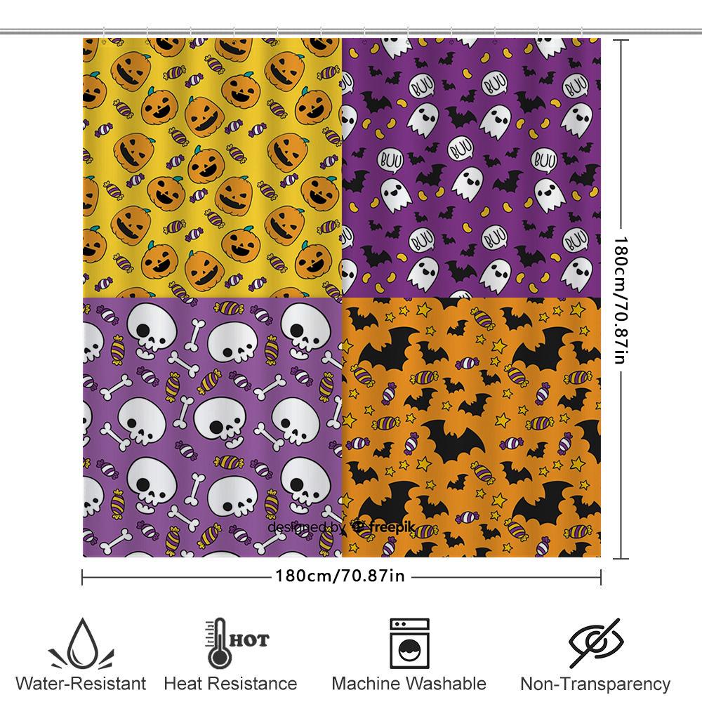 Halloween Decor Shower Curtains Halloween Party Decoration Kids Room Bathroom Window Treats Sugar Skull Ghost Pumpkin Bat Patter