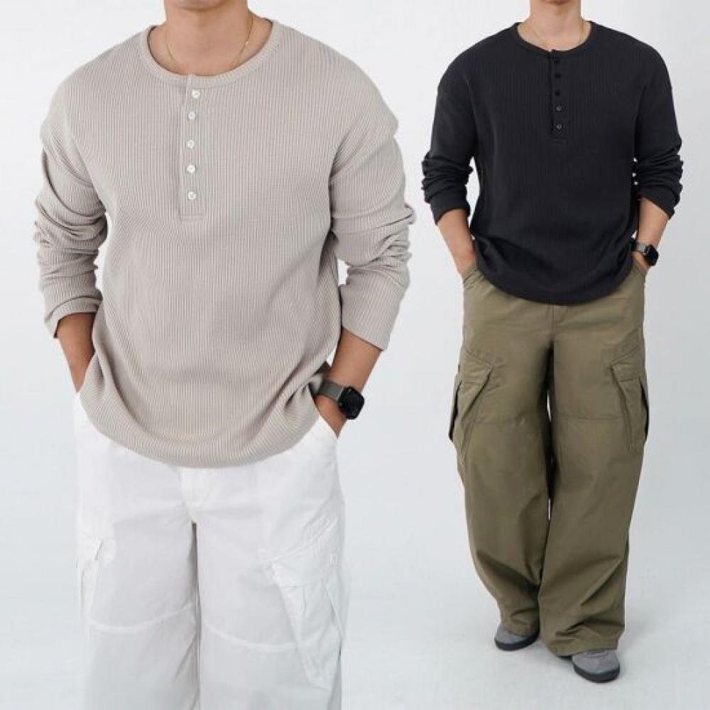 Onl Men Waffle Henry Neck Long Sleeve T shirT