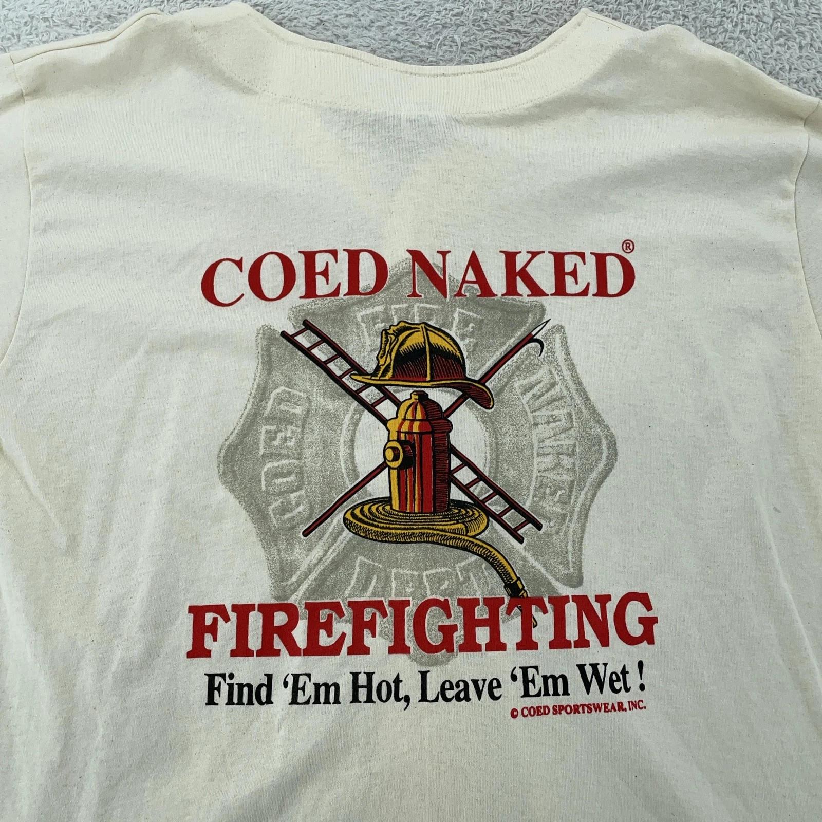 

Vtg 90s Coed Naked Firefighting Jersey Shirt Mens Large/XL Ivory Baseball USA 3XL