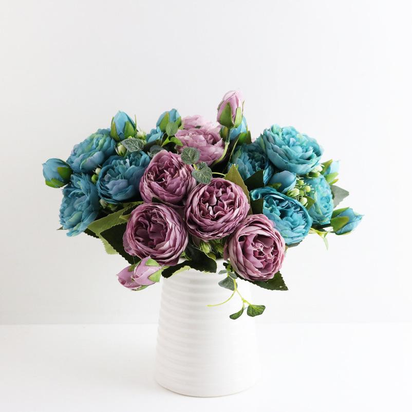 30cm Rose Pink Silk Bouquet Peony Artificial Flowers 5 Big Heads 4 Small Bud Bride Wedding Home Decoration Fake Flowers Faux