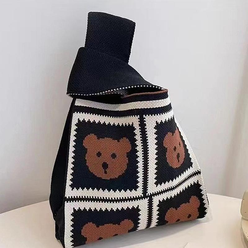 Portable Mini Striped Tote Handmade Knitted Bag Women'S Knot Wrist Bag Bucket Phone Bags Large Capacity Autumn Winter Handbags
