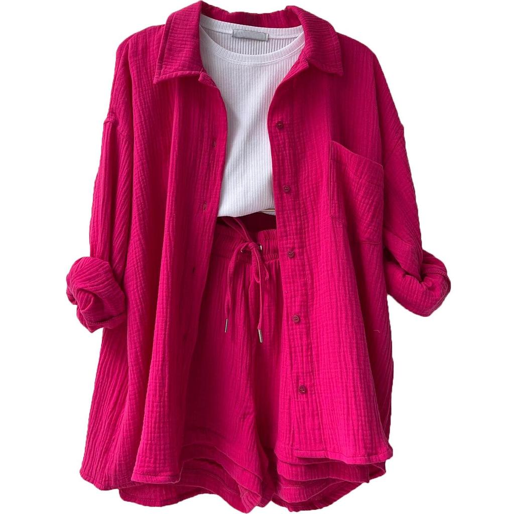 2024 Autumn Women's Two-Piece Set: Wrinkled Long Sleeve Shirt & High Waist Drawstring Shorts
