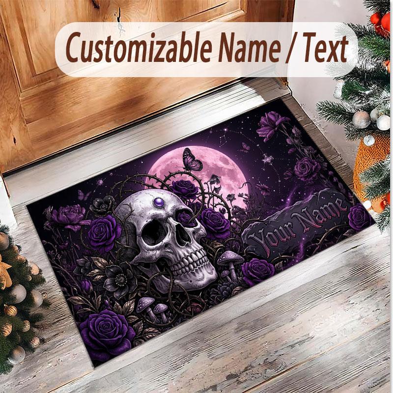 Tappeto Morbido in Velluto di Cristallo Tema Gotico Teschio Stampa Personalizzata Nome e Testo Tappeto Antiscivolo per Camera da Letto Soggiorno