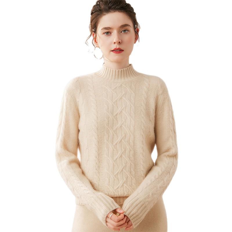 Women's Autumn/Winter Cashmere Cable Knit Sweater - Warm, Slimming, and Fashionable with Half-high Collar