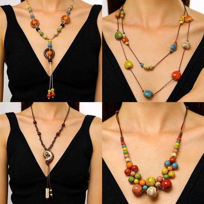 Bohemian Multicolor Ceramic Beaded Long Necklace for Women Retro Ethnic Style Adjustable Wax Cord Collar Chain Festival Jewelry