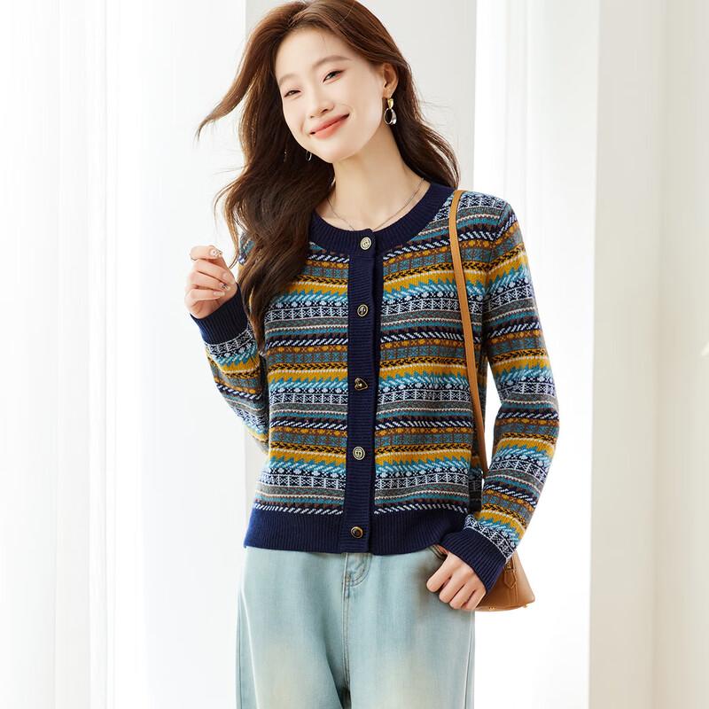 Srcr Women's Retro Jacquard Pure Wool Knit Cardigan