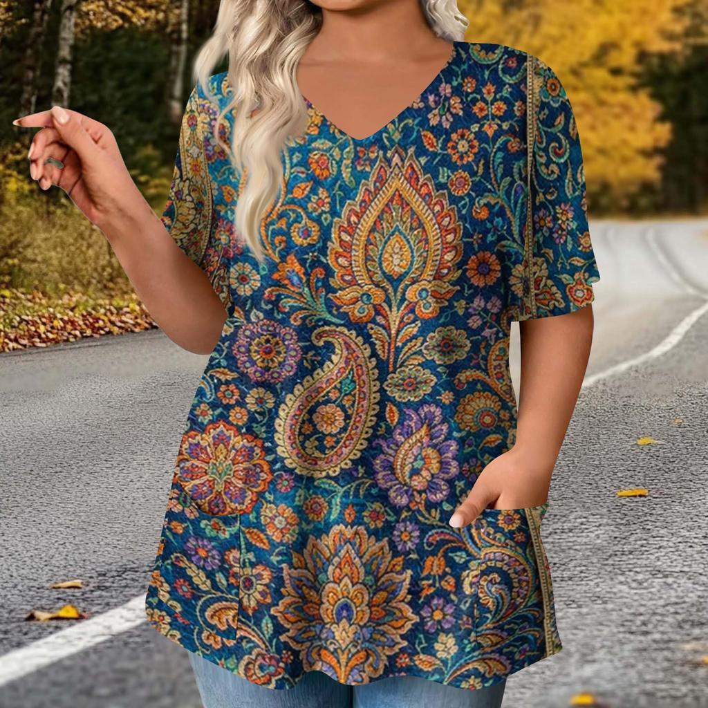Women's Fashion Plus Size Printed Short Sleeve Blouse For Elegant Commuting And Casual Wear