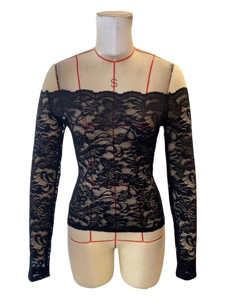 Elegant Scalloped Collar Edge One-Layer Collar Strapless Lace Slim Slim T-Shirt Long Sleeve Tops Versatile Closet Essential Fashion Items Shirt