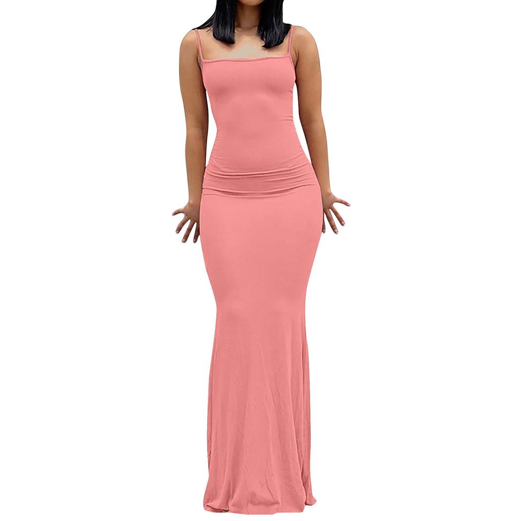 Fashion Women's Sling Sleeveless Sexy Solid Color Open Back Slim Fit  Long Dress