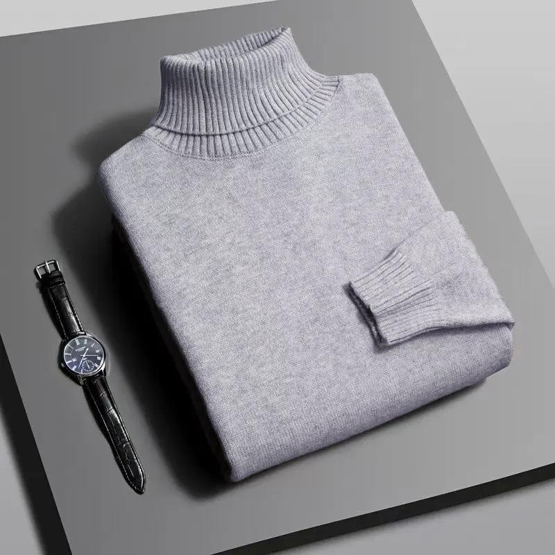 

Мужской осенне-зимний вязаный свитер с высоким воротником, высокоэластичный, с длинным рукавом, приталенного кроя, пуловер, простой стиль, мужская повседневная вязаная одежда XXXL светло-серый