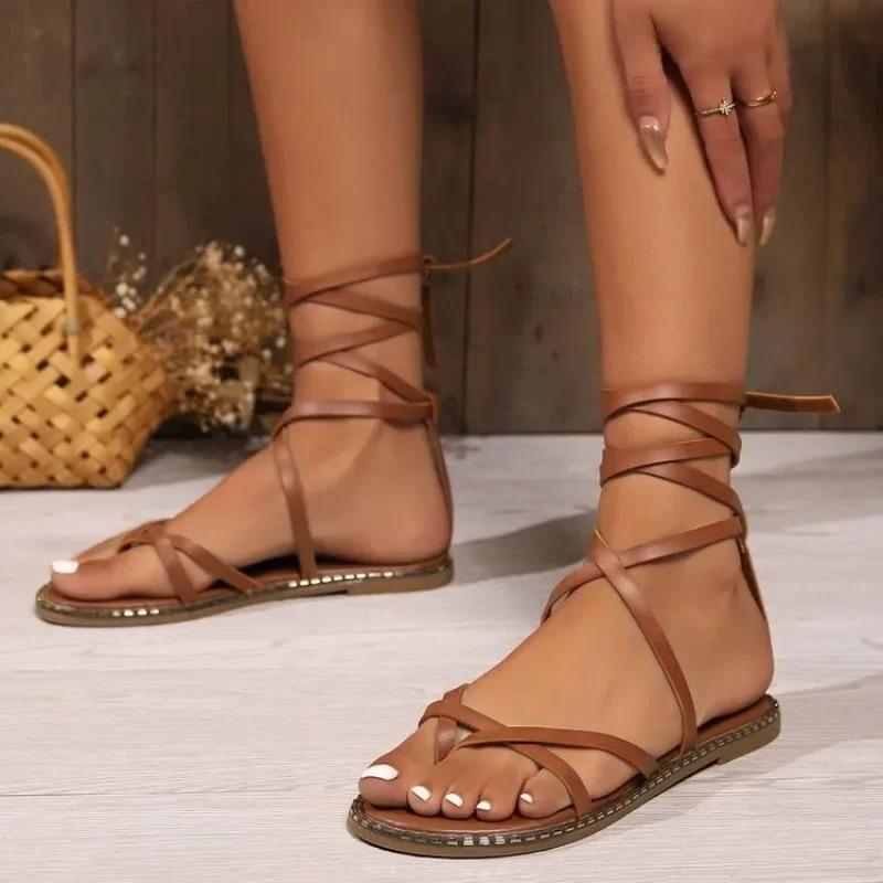 popular Sandals Women Summer Beach popular Sexy Flat Casual Cross-Tie Open Toe Fairy Style Narrow Band Shoes Black Rome Sandals