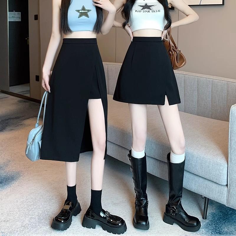 Womens Black Irregular Half Skirt With Slit In Polyester For Street Style Spring Summer