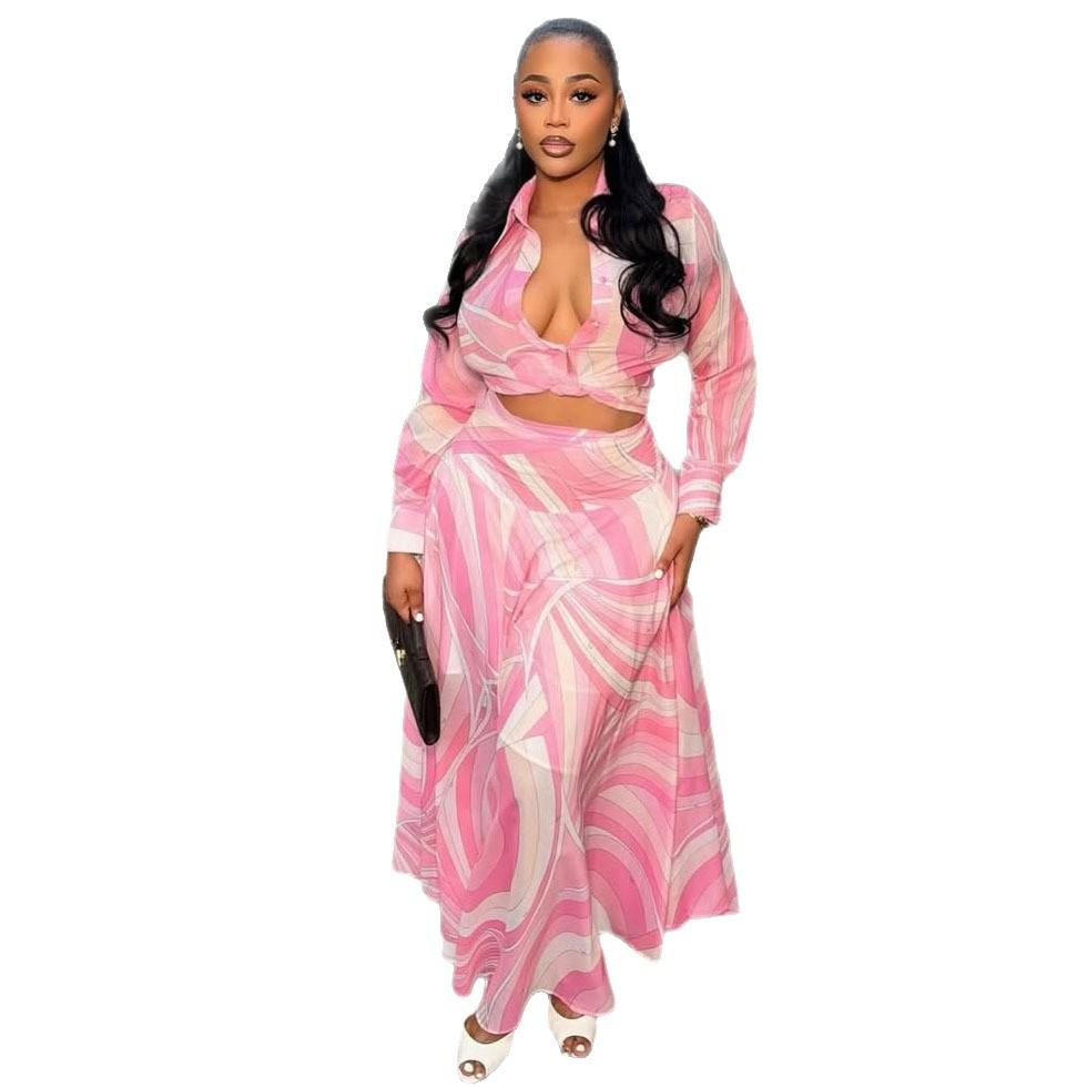European and American Women's Clothing Sexy Lapel Color Matching Printing Slim-fitting Fashion Shirt High Waist Skirt African Fashion Suit