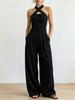 Women Cross Neck Halter Wide Leg Jumpsuit Solid Color Pleated Backless Elegant Long Pants Romper