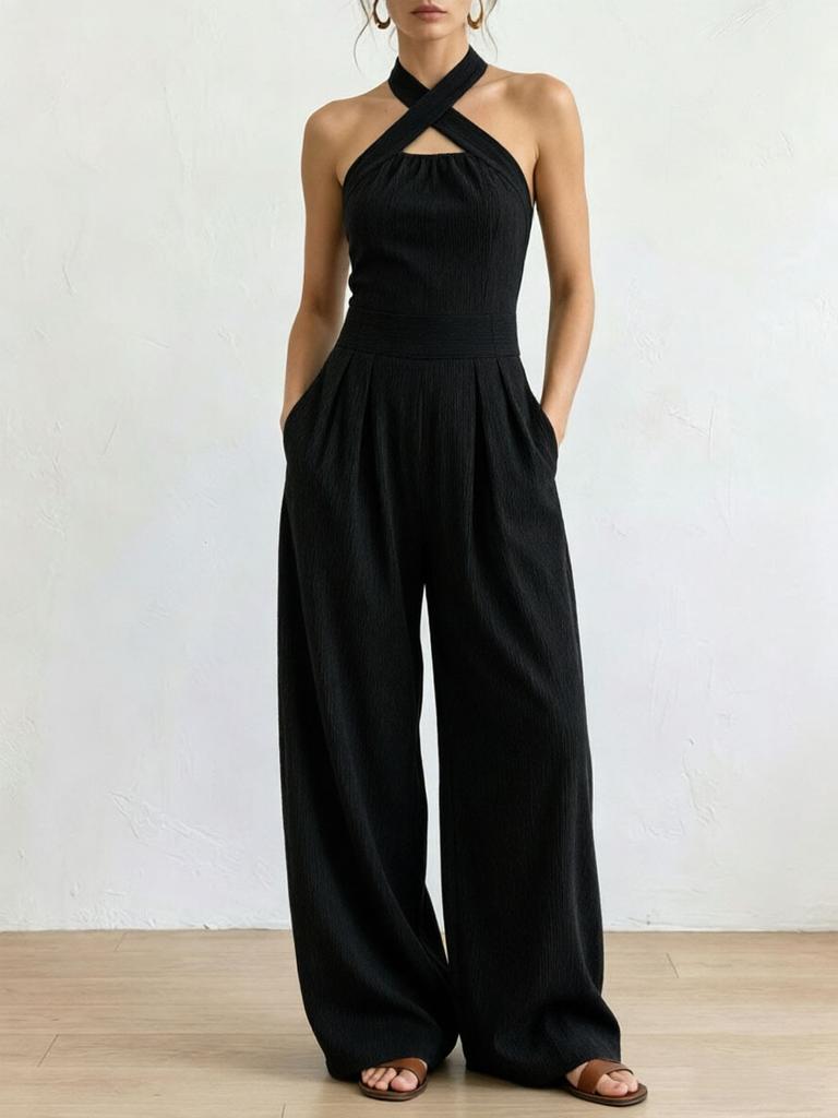 Women Cross Neck Halter Wide Leg Jumpsuit Solid Color Pleated Backless Elegant Long Pants Romper