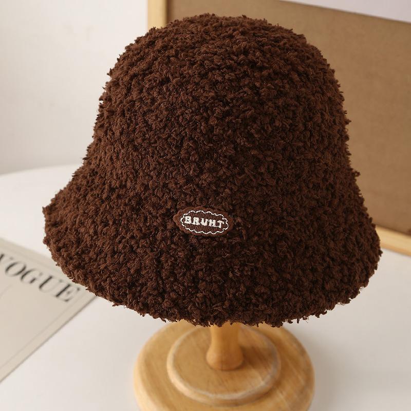 New autumn and winter solid color knitted bucket hat women's outdoor warm and cold lamb wool simple labeling basin hat