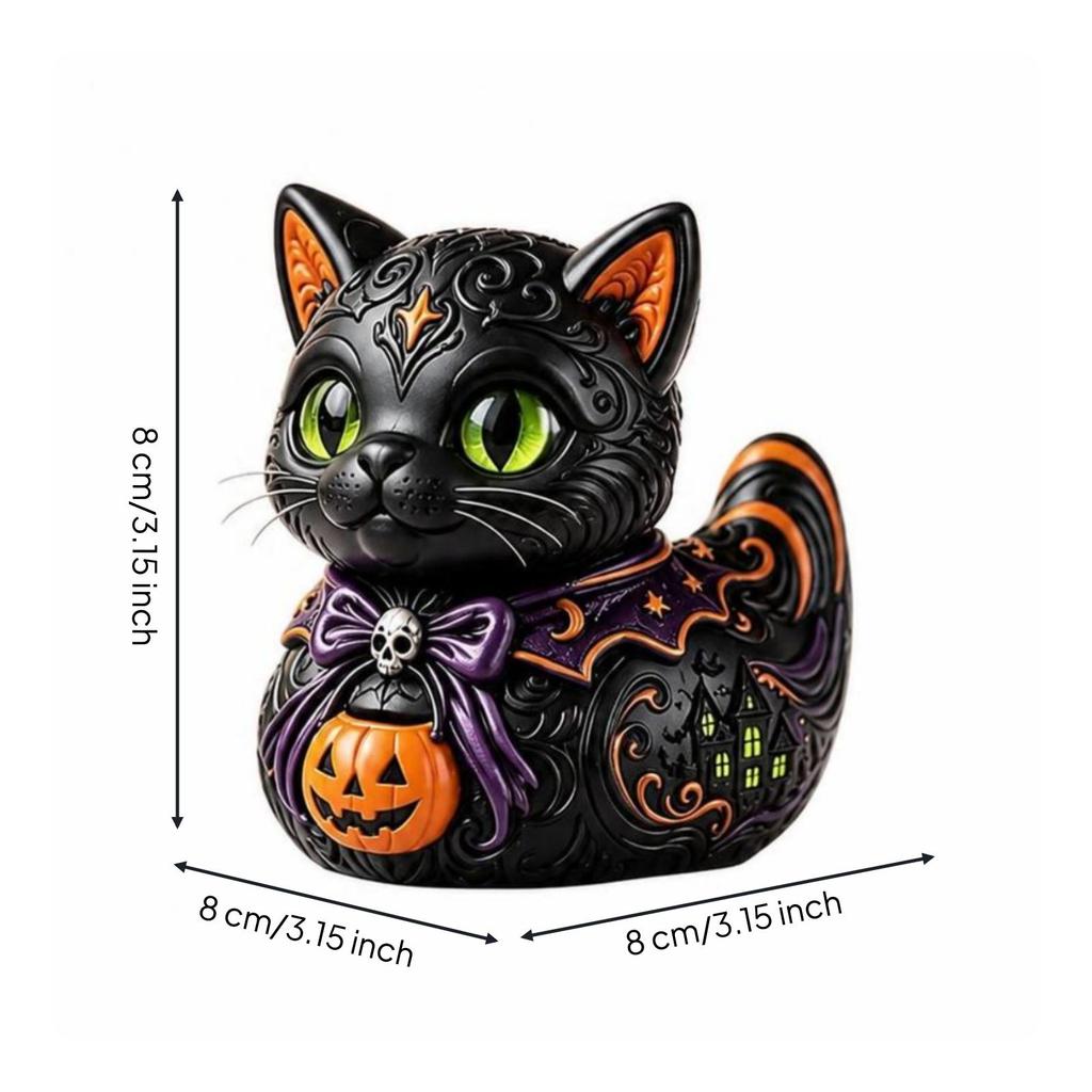 Cat Figurine with Jack-O'-Lantern Playful Pumpkin Decoration Gothic for Desks