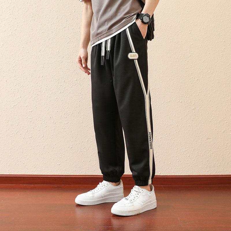 Spring Men's Knitted Drawstring Nine-minute Fat Sports Trend Straight  Pants Plus Size