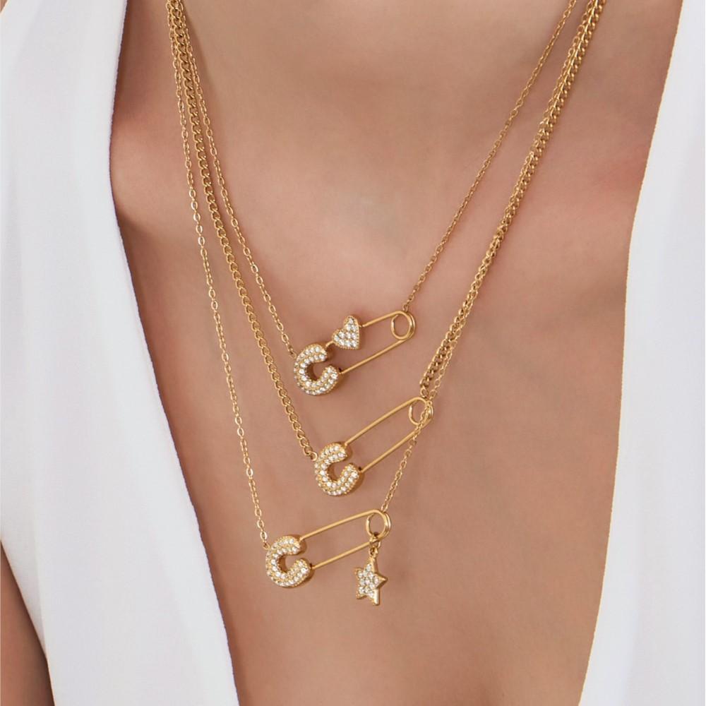 Delikatny naszyjnik z agrafką wysadzaną cyrkoniami na cienkim łańcuszku ze stali nierdzewnej pokrytej 18k złotem, zawieszka, naszyjnik-charms dla kobiet