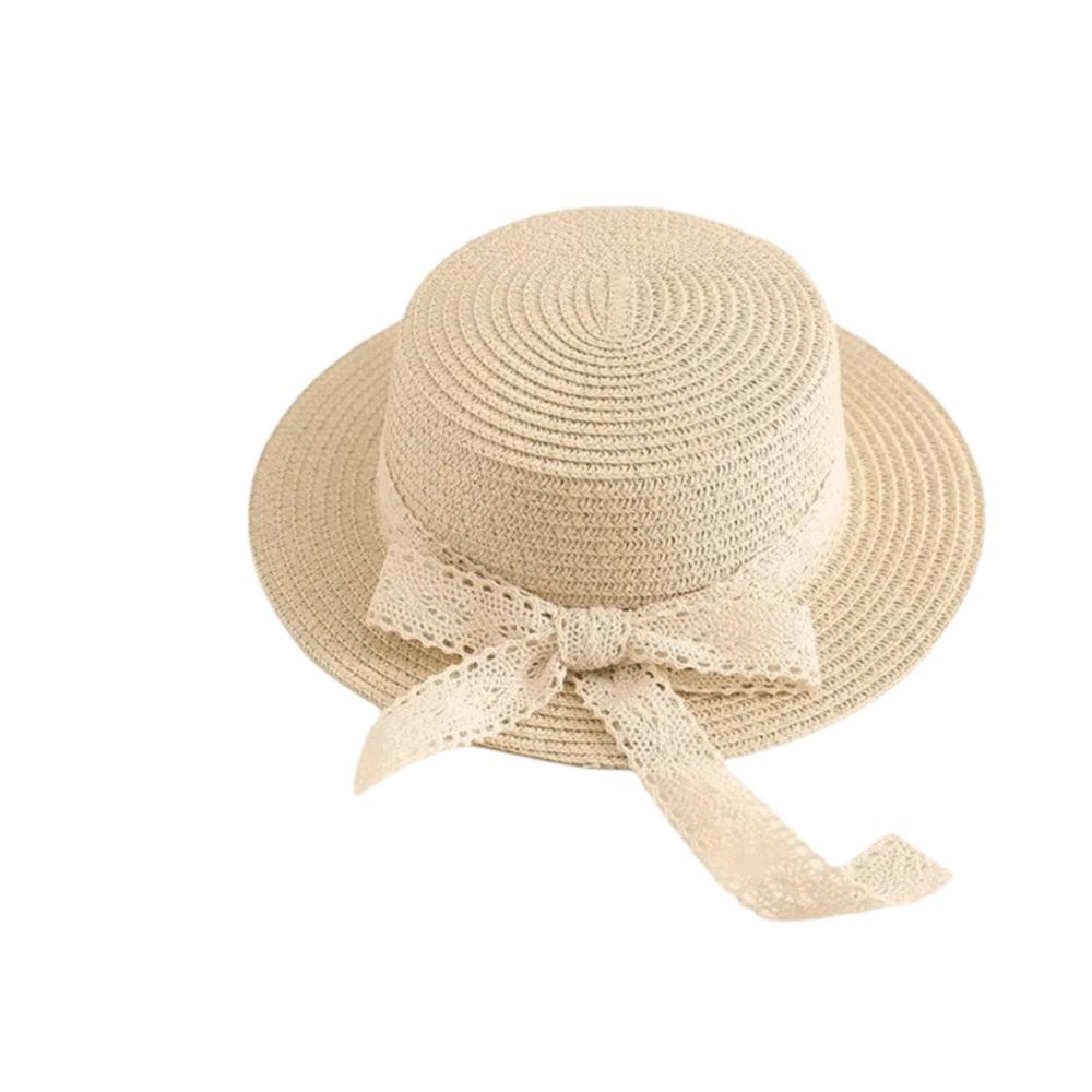 Breathable Kids Straw Hat Lace Bow Sun Visor Cap Simple Children Panama Caps for Girls