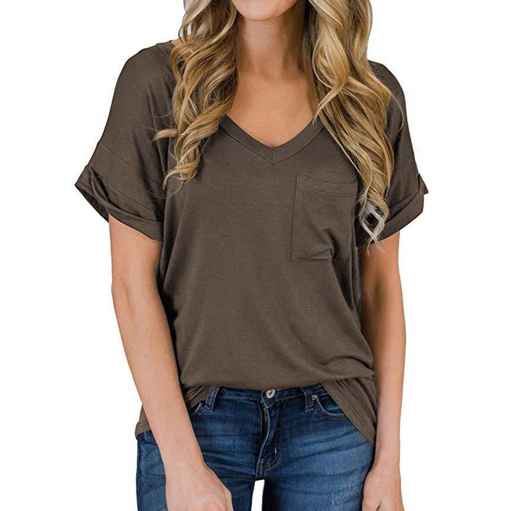 Fashion Womens Casual V-neck Pocket Ruffled Loose Color Blouse T-Shirts