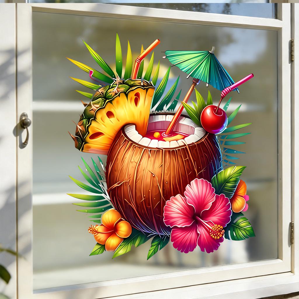 Creative Coconut Juice Pineapple Static Cling Window Sticker for Living Room Bedroom Glass Home Decor