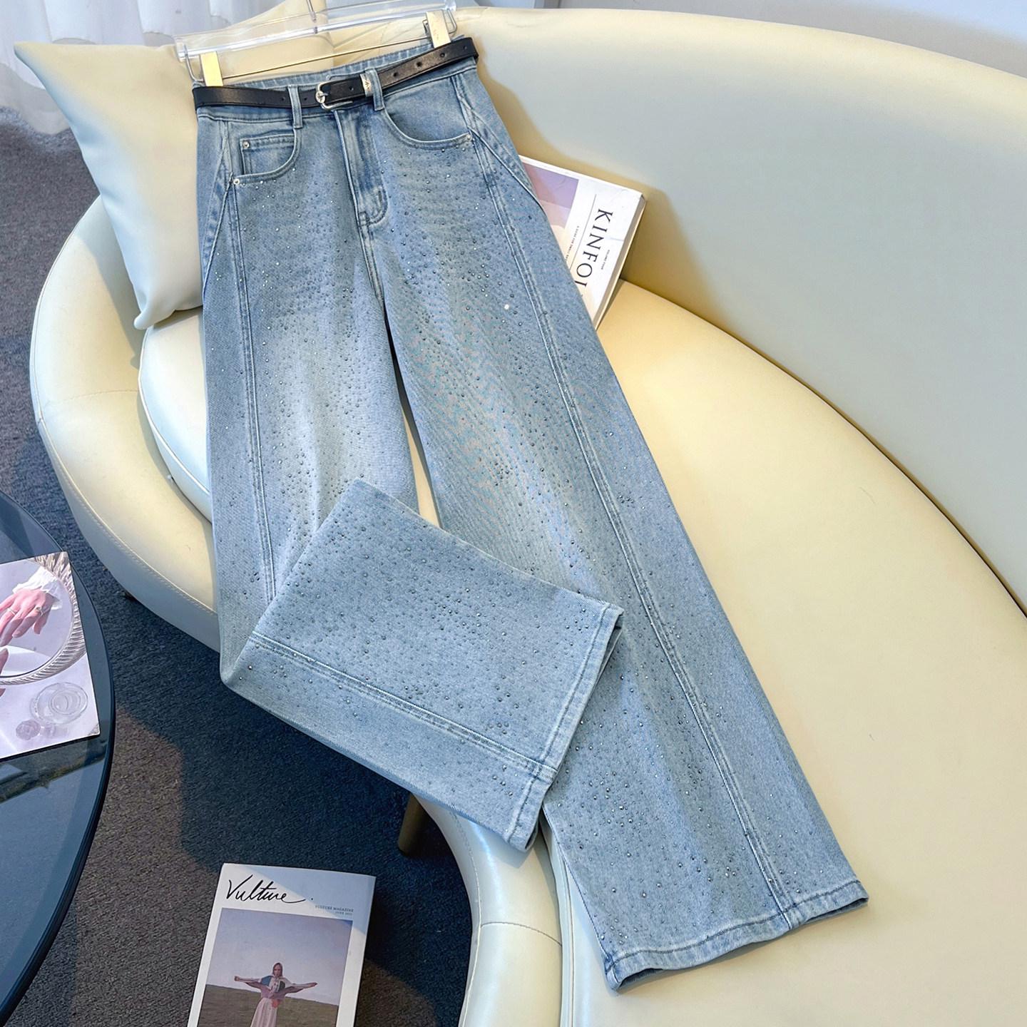 Spring 2026 Women s Retro Wide-Leg Rhinestone Jeans M синий