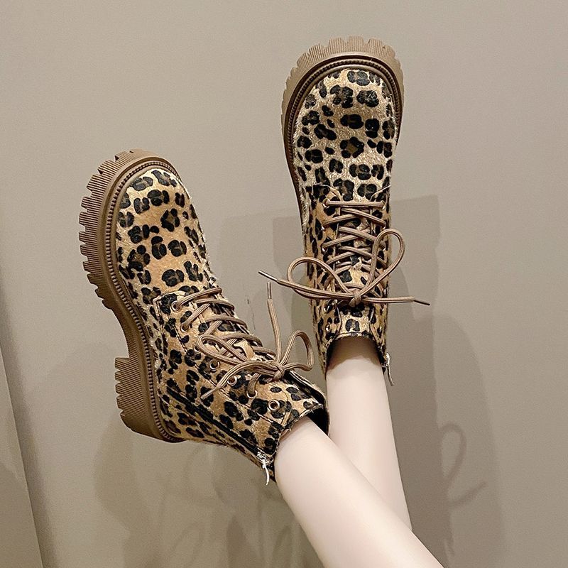 Fashion Autumn Winter Round Toe Leopard Print Ankle Boots for Women Chunky Lace-up Woman Short Shoes Y2k Goth Fleece-Lined Biker Booties