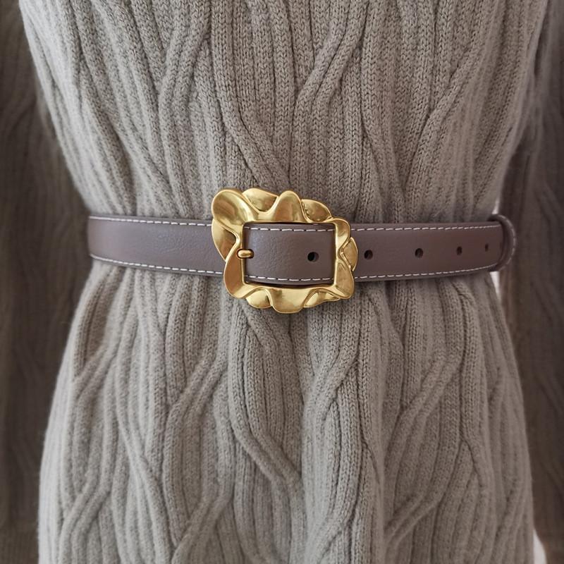 Leather Belt Women With Flowers Shaped Metal Buckle For Daily Casual Use Office