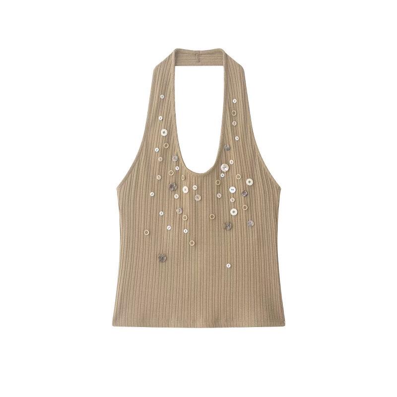 

Spring 2026 European & American Style Versatile Button-Up Ribbed Top Medium хаки