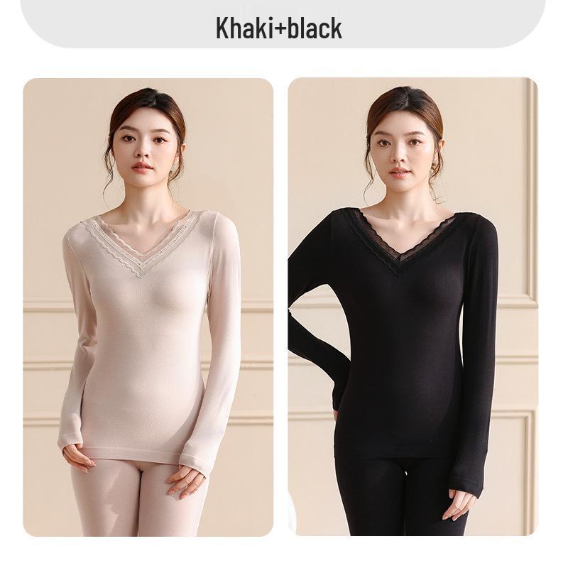Women's Lace V-Neck Thermal Underwear Set - Slimming, Shaping, Heat-Generating Cotton