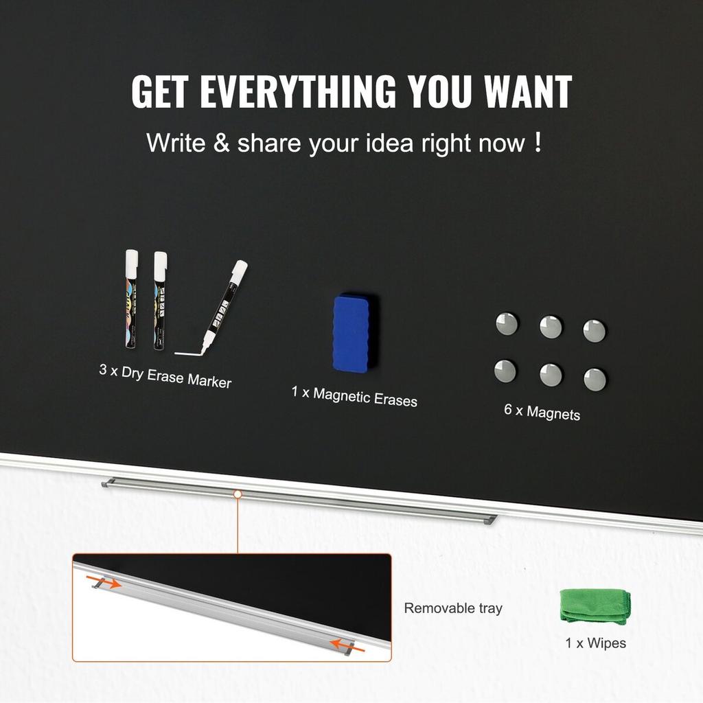 Black Board, 70 x 40 inch Large Chalkboard with Aluminum Frame, Black Boards Dry Erase Includes 1 Magnetic Erase & 3 Dry Erase Markers, Black Surface,