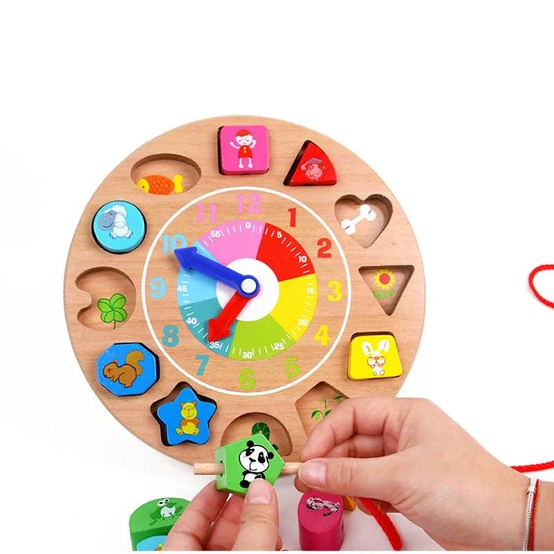 Toys Assembly Educational Montessori Wooden Clock Puzzle Cartoon Animal Tangram Cognitive Digital Clock Early Threading Kids