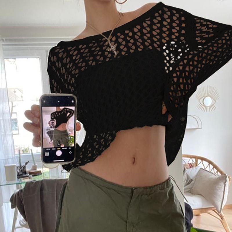 Women's 2026 New American Style Loose Knit Cardigan - Hollow Big Round Neck, Solid Color, See-through Mesh, Long Sleeve.