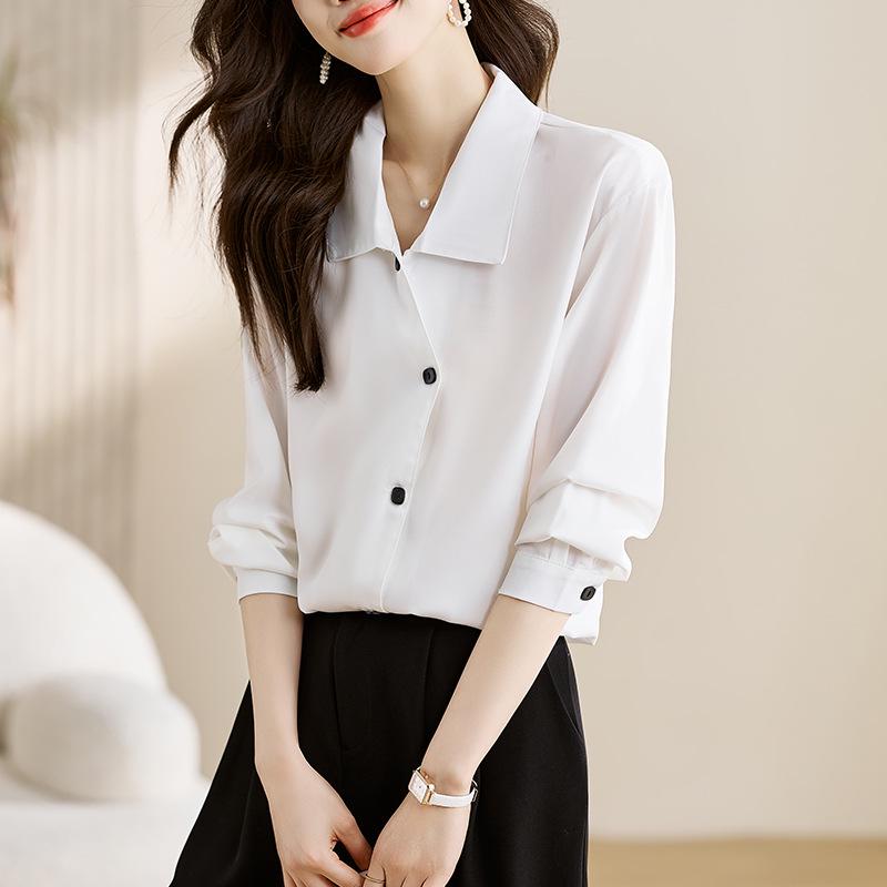 Stylish Autumn Chiffon Blouse: Women's Casual Turn-Down Collar Cardigan Shirt
