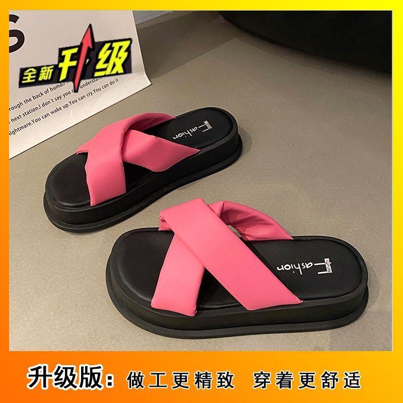 Stepping on shit feels comfortable with thick bottom, one-word muffin, casual style cross, one-word cool slippers, outer wear 2025 summer and autum