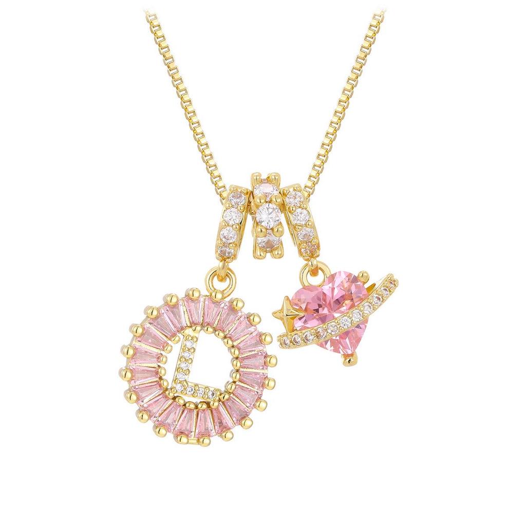 Pink Rock Candy 26-Letter Diamond Necklace with Gold-Plated Zircon and Round Flower Pendant