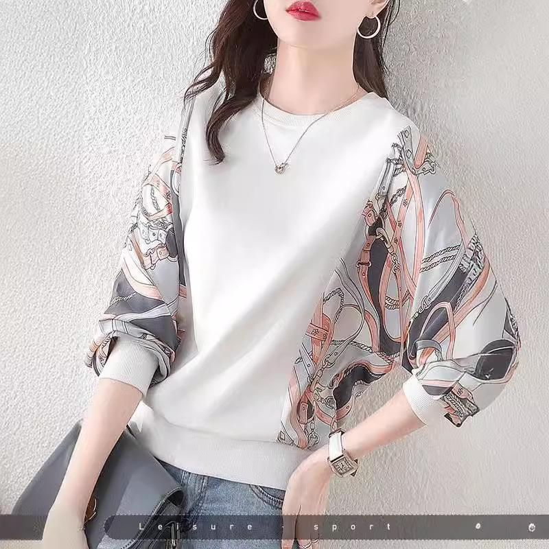 Women's Printing Sweatshirts Spring Fashion Tops Large Loose Round Neck Splicing Elegant All-match Pullover