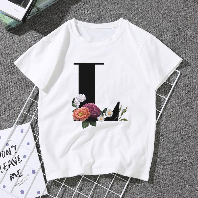 A B C D E English Alphabet Print T Shirt Women Short Sleeve Couples Lovers Female