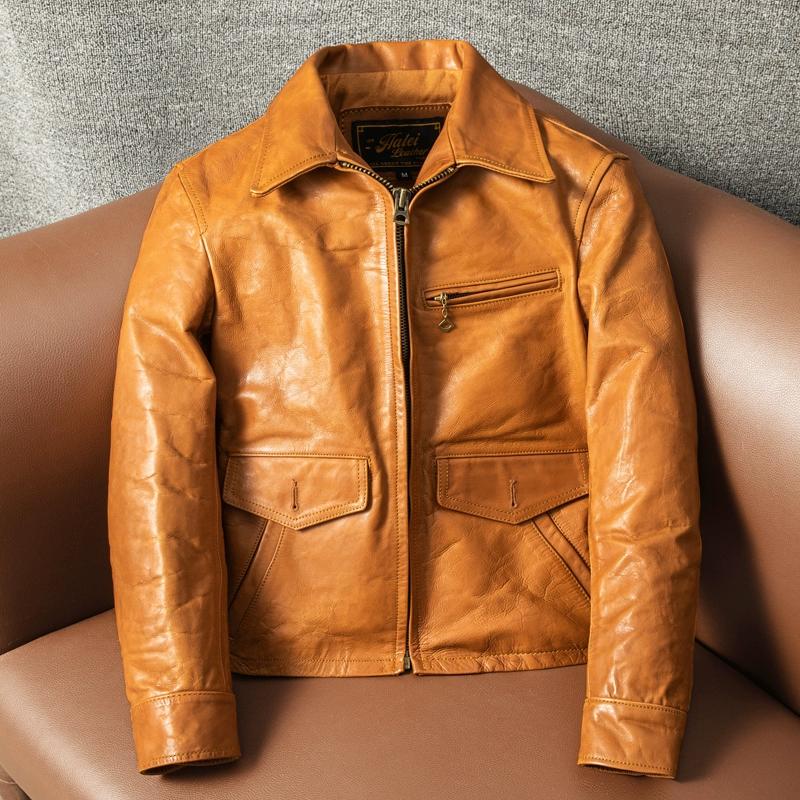 

Jacky Cheung Same Style Mens Genuine Leather Jacket Short Coat Autumn Winter Top Grain Cowhide 4XL