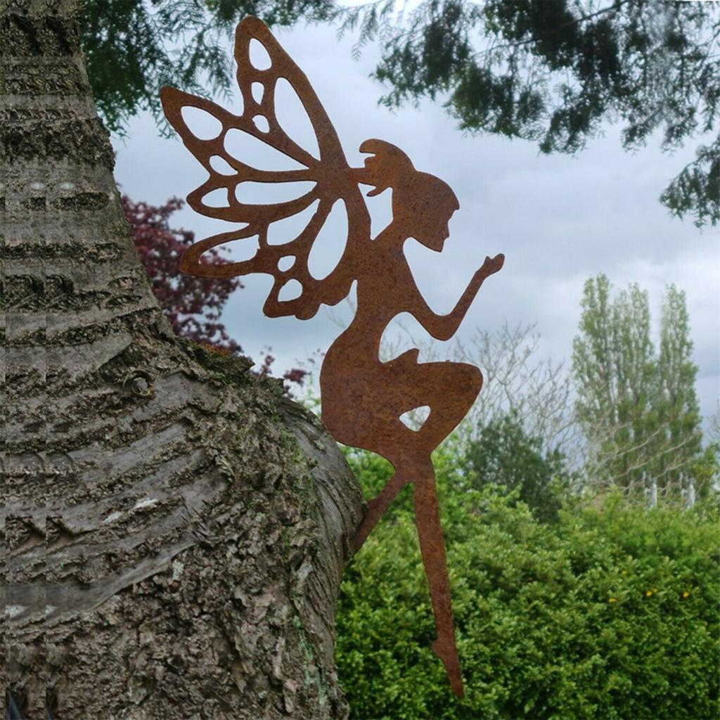 Garden Iron Elf Flower Fairy Stake Metal Garden Flower Fairy Sculpture for Wife Mother Daughter Brown
