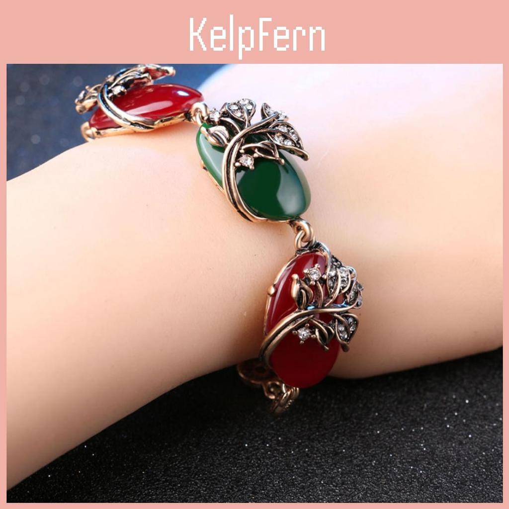 Vintage Red Green Branch Rhinestone Oval Resin Women Bracelet Bangle Jewelry
