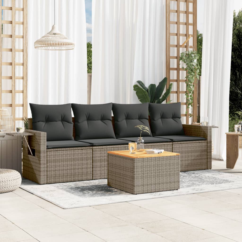 5 Piece Garden Sofa Set with Cushions Gray Poly Rattan