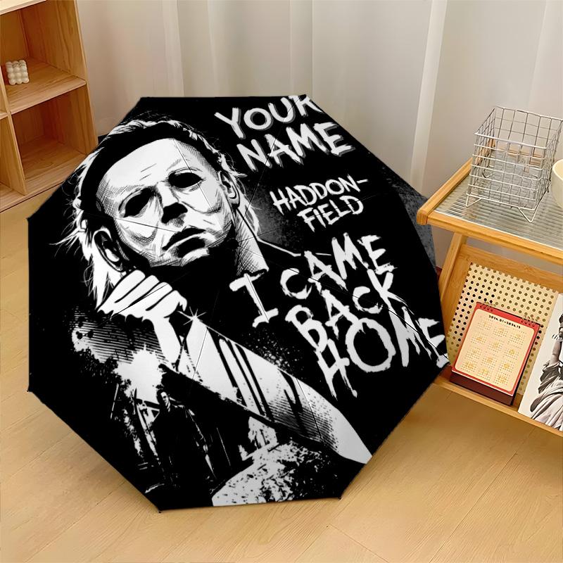 Custom Text Automatic 8 Bone Umbrella, Portable Sun Rain Protection UmbrellaHalloween Michael Myers