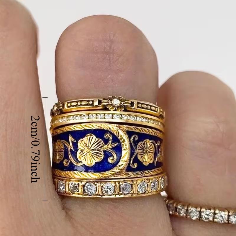 Yanbai Retro Bohemian Enamel Blue Wide Band Ring with Copper Micro-inlaid Zircon