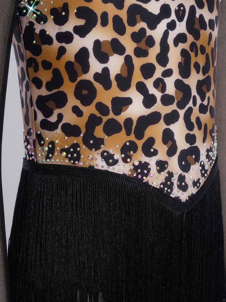 Children’s Latin Dance Competition Dress Leopard Print Fringe Long Sleeve Keyhole Back Mesh Patchwork Sparkling Rhinestone Tassel