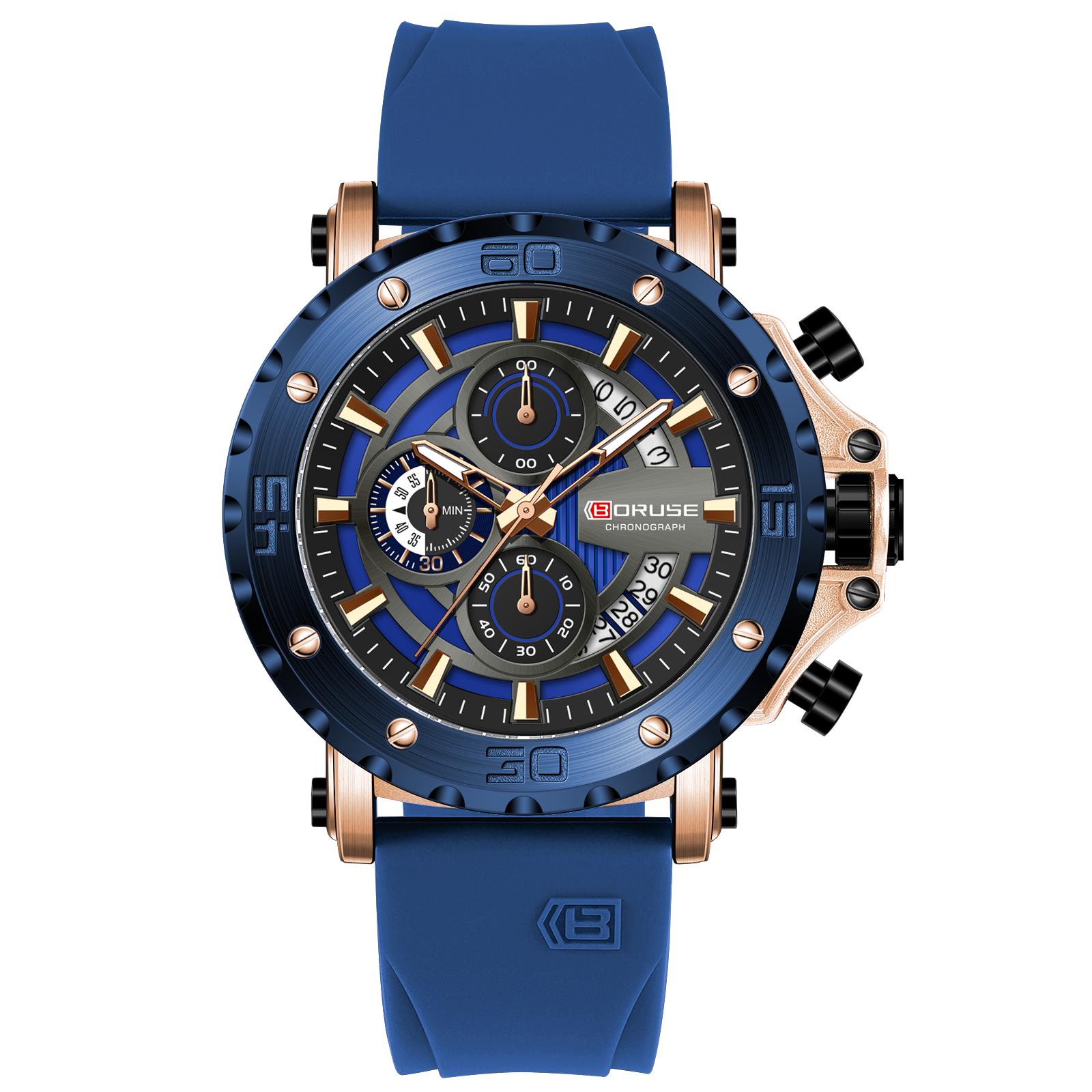 

BORUSE Мужские военные часы Мужские кварцевые часы Силиконовый ремешок для мужчин Спортивные светящиеся в темноте Аналоговые часы с календарем Часы-хронограф Водонепроницаемые синий