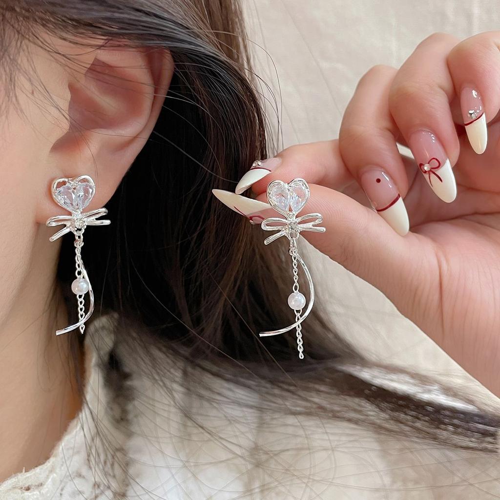 Simple Silver Color Sweet Cute Ribbon Heart Bowknot Earrings for Women Trend Drop Earrings Aesthetic Wedding Jewelry Gift Y2K