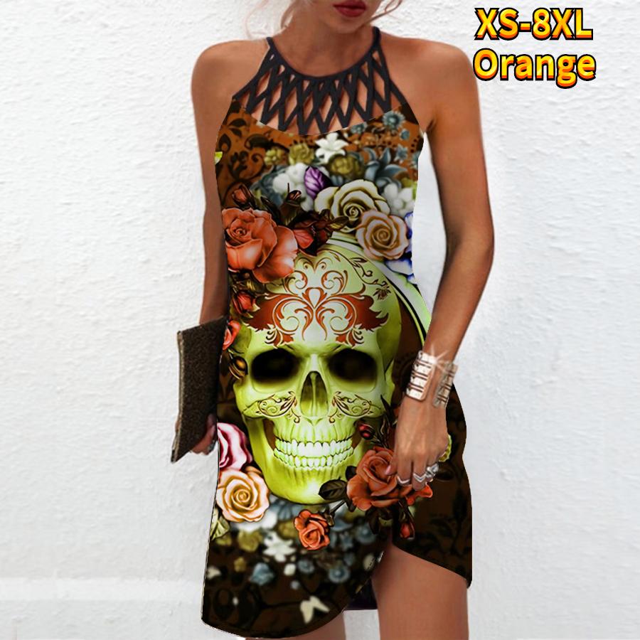 Summer Fashion Sexy Sleeveless Dress Soft Casual 3D Rose Skeleton Print Dress Sleeveless Sling Dress Summer Suspender Dress