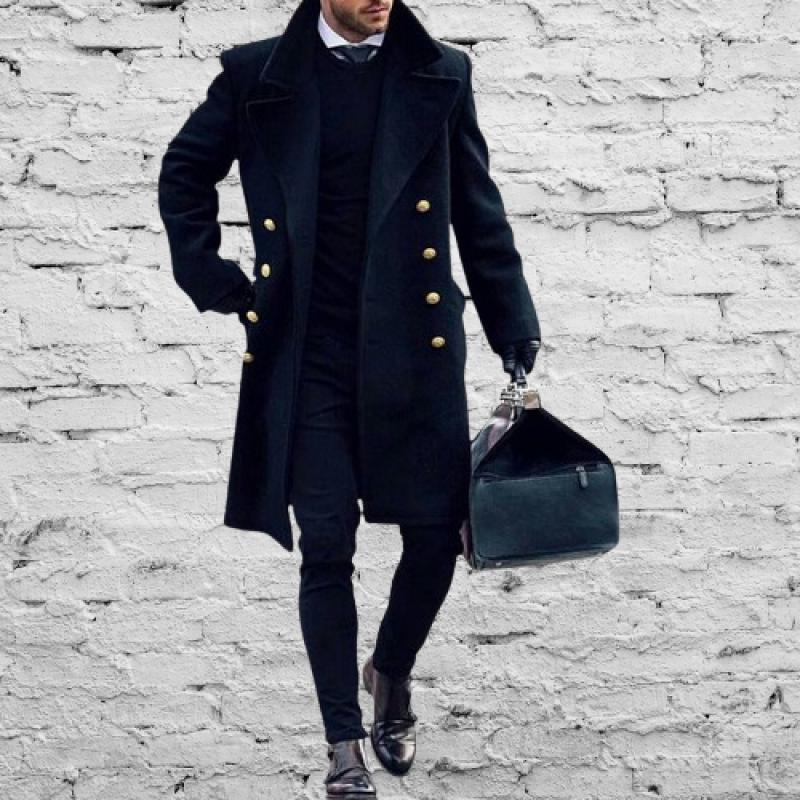 Hombres Otoño Invierno Abrigo Doble Botonadura Cuello Vuelto Color Sólido Grueso Longitud Media Cálida Ropa De Calle Con Bolsillos Cárdigan Hombres Gabardina